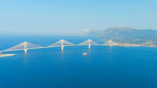 Patras, Greece. The Rio-Antirrio Bridge. Officially the Charilaos Trikoupis Bridge. Bridge over the Gulf of Corinth (Strait of Rion and Andirion). Drone footage