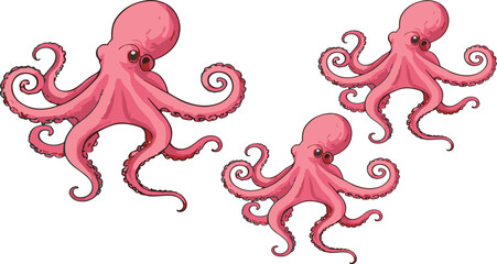 Cute pink octopus illustration set in modern cartoon style for marine kids design and ocean themed graphics © Sumon Creative