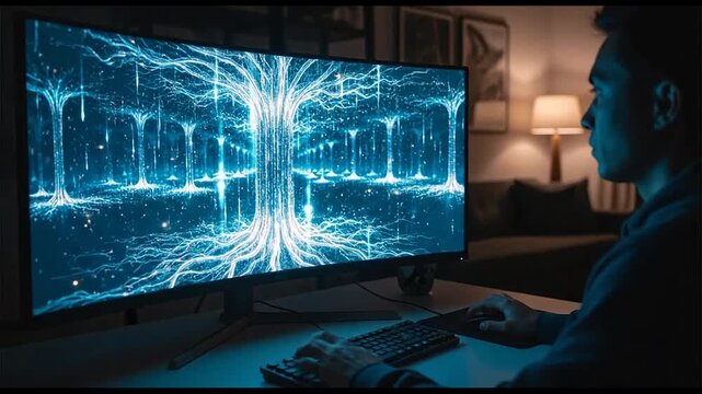 Man uses computer with futuristic glowing tree network display at night