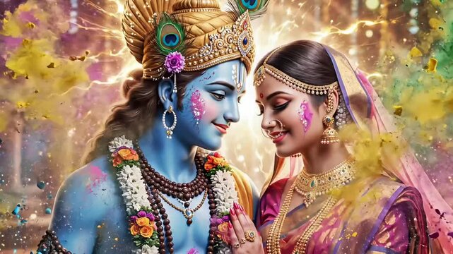 Festive motion artwork showing Lord Rama and Sita immersed in vibrant Holi colors with devotional energy inspired by Ram Navami celebration