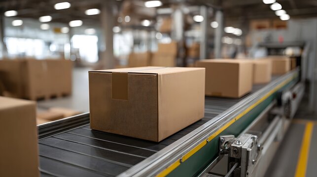 Brown cardboard boxes moving along a conveyor belt in a brightly lit industrial warehouse