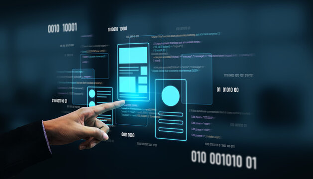 UI UX mockup showing application layout, structure, and code interface. UI design defines user flow, UI design improves clarity, UI design enhances experience, and UX design supports logic. Vouch