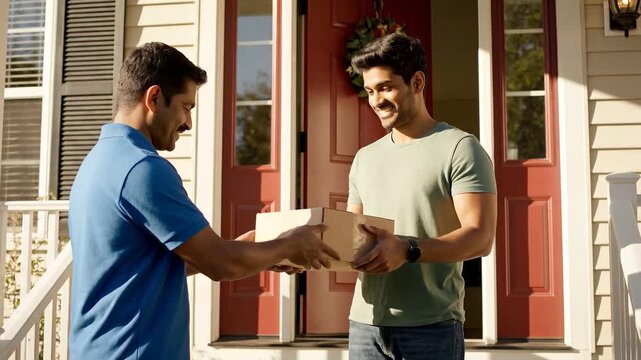 Delivery man handing package to smiling man at front door