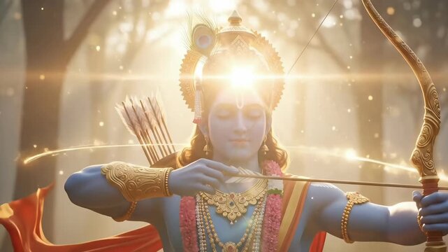 Sacred motion portrayal of Lord Rama drawing the bow in a luminous forest setting expressing devotion strength and cultural spirit of Ram Navami festival