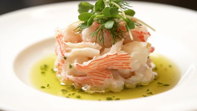 Gourmet King Crab or Lobster Meat Salad Stack Served with Herb Oil and Microgreens on a White Plate, High-End Fine Dining Seafood Appetizer Presentation
