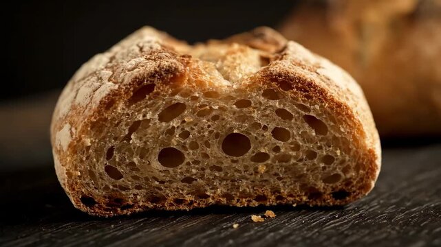 Macro shot of rustic artisan bread slice with crispy crust and porous air pockets (crumb structure) on a dark wooden table, emphasizing texture and freshness.