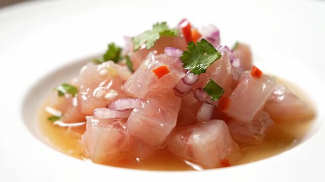 Close-up of fresh Peruvian ceviche with raw white fish cubes, red onion, cilantro, and chili in tangy 'leche de tigre' marinade, served on a bright white background.