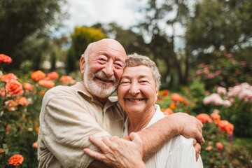 Obraz premium Happy Senior Couple Embracing and Smiling in a Lush Flower Garden for Healthcare and Retirement Living Brochures; Elderly Pair Enjoying a Romantic Date in Nature