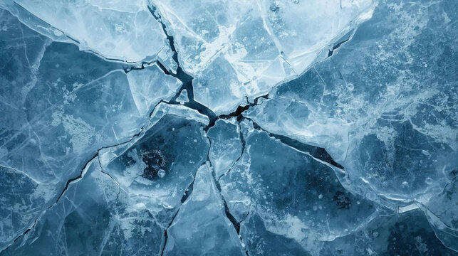 Close-up view of intricate cracks in a sheet of blue ice, showcasing its fragile and fractured surface.