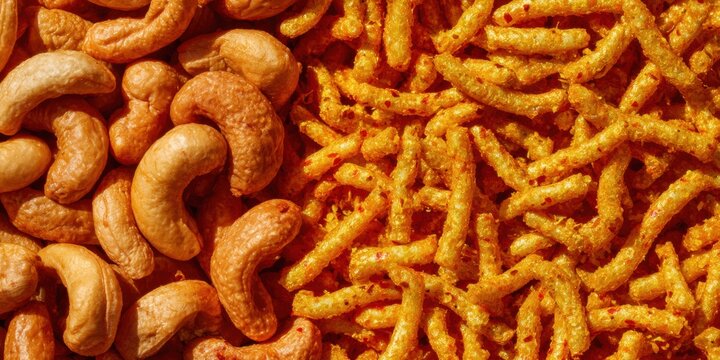 Indian Spicy Snack Mixture background with fried Cashew Nuts and Savory Noodles, macro view of crunchy mixture for culinary advertising and food blog texture shot