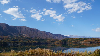 Fall Colors Beneath Snow-Capped Mountains, Hakuba, Nagano, Japan
