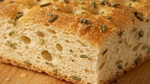 Detailed macro shot of fresh artisan bread slice with herbs, revealing the soft texture and airy, porous crumb structure of baked goods.