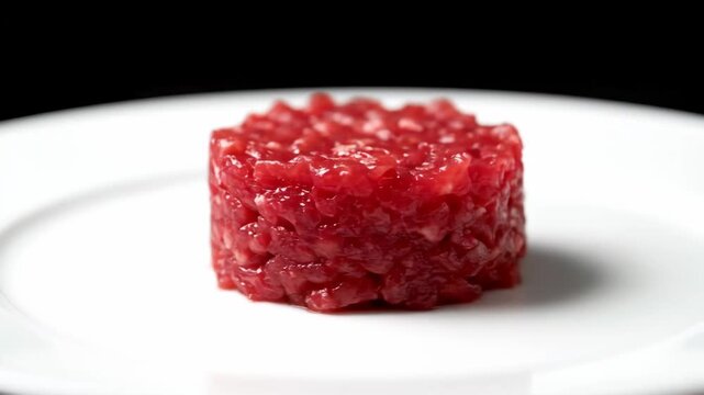 Gourmet Raw Beef Steak Tartare Serving Presented on a White Plate Against a Dramatic Dark Background in a Fine Dining Setting