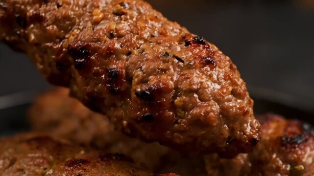 Extreme Close-up of Juicy Grilled Seekh Kebab or Kofta Skewer with Char Marks on a Dark Background, Showing Appetizing Texture and Spices
