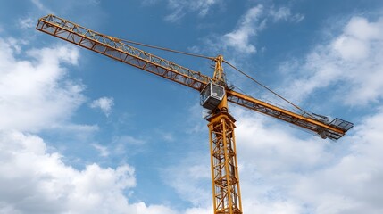 A tall yellow construction crane with a long boom extends upwards against a bright blue sky scattered with white clouds