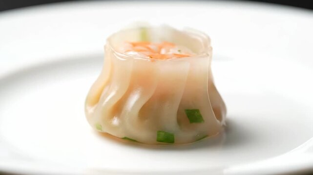 Macro Close-Up of Steamed Shrimp Dumpling (Siu Mai) on a White Plate. Authentic Chinese Dim Sum Delicacy, highlighting the translucent wrapper and fresh ingredients.