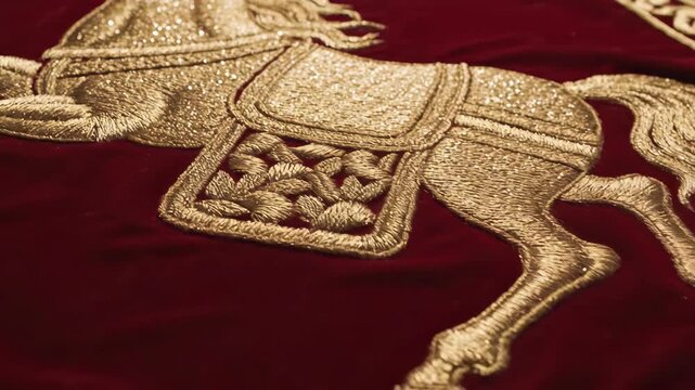 Dynamic Golden Horse Embroidery: A Majestic and Sparkling Design on Rich Red Velvet