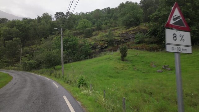 National Scenic Route Of A Bjorgavegen Mountain Road In Aurlandsfjellet, Norway. POV Shot
