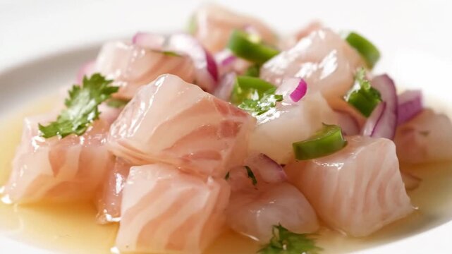 Close-up of Gourmet Peruvian Ceviche Featuring Fresh Cubes of Marinated White Fish, Red Onion, and Cilantro in Citrus Dressing on a White Plate