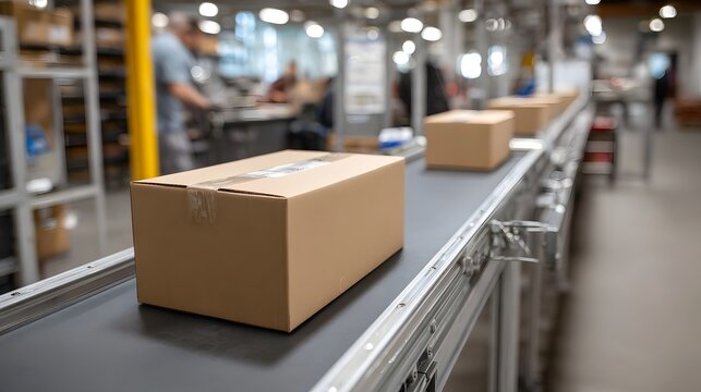 Cardboard boxes move along an automated conveyor belt in a modern warehouse distribution center