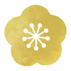 金色の梅の花の水彩イラスト　ベクター　ゴールド　アイコン　和柄　和風　年賀状　テクスチャー　透過背景　手描き　高級感