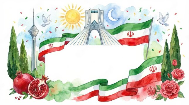 Celebration of iran's independence day with azadi tower and national flag for festive design. Iranian Islamic Republic Day. Horizontal banner. Copy space. Watercolor illustration. Postcard from Tehran