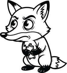 Obraz premium Grumpy cartoon fox character holding paper scroll line art drawing. Vector illustration