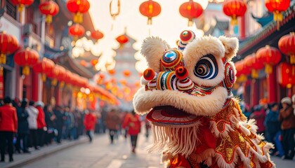 A child in a traditional hat celebrates Chinese New Year with a dragon dance mask, festive decorations, and a winter gift in China