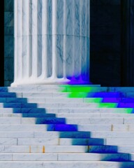 Naklejka premium Classical Stone Column and Marble Stairs Detail of a Government Building Facade with Neon Blue and Violet Light Accents for Legal and Judicial Branding Background