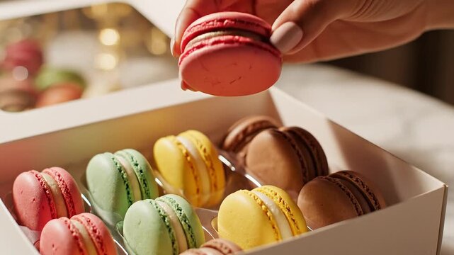 Taking French Macarons from Box Close Up