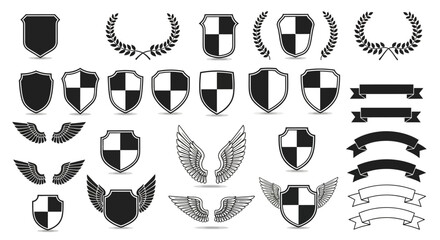 A collection of shield emblems, laurel wreaths, and ribbon banners, presented in a monochromatic graphic style. © Dika