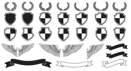 Collection of heraldic shields, laurels, wings, and banners for design and emblem creation. © Dika