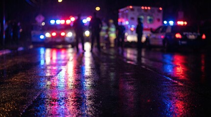 Obraz premium Blurred background showing police lights at crime scene concept. Emergency scene with police and ambulance lights reflecting at night.