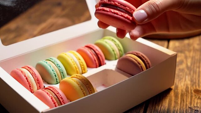 Taking French Macarons from Box Close Up