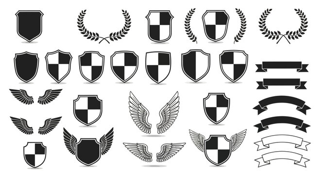 A collection of shield emblems, laurel wreaths, and ribbon banners, presented in a monochromatic graphic style.