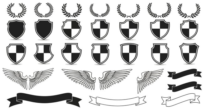 Collection of heraldic shields, laurels, wings, and banners for design and emblem creation.