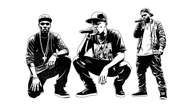 Three rappers in a stylized black and white illustration, holding microphones and wearing hip-hop attire.