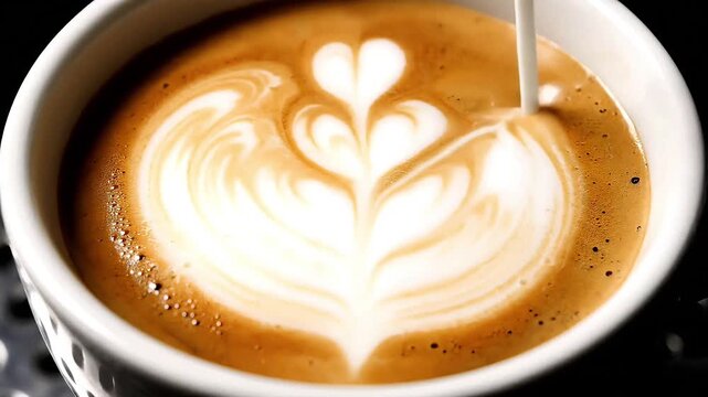 Macro slow motion of latte art forming. Smooth milk and espresso blend into elegant patterns with detailed crema. Premium 4K food videography showing controlled pouring motion and liquid physics.