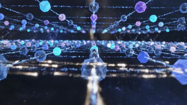 Seamless loop of animated digital data connections rapidly flowing between abstract geometric nodes representing educational technology and vast knowledge transfer technology, transfer, connections