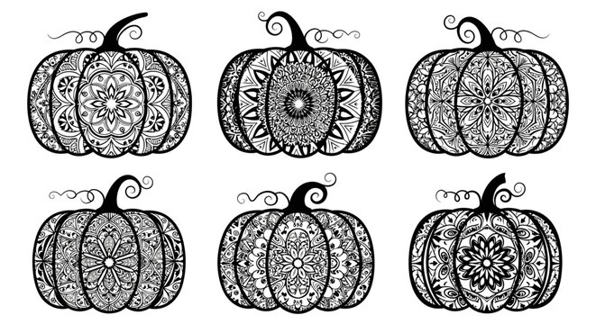 Six intricately decorated pumpkins with mandala-style patterns, perfect for autumn and Halloween themes.