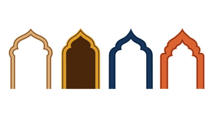 Four distinct Islamic architectural arch designs in different colors and styles.