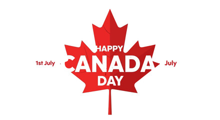 Happy Canada Day graphic featuring a large red maple leaf with text.