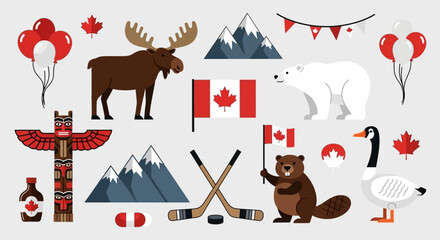 A vibrant collection of Canadian symbols including animals, flags, and natural elements. © keira