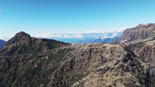Aerial view from Kalinchowk shows Bhagawati Temple surrounded by Himalayan peaks including Annapurna Manaslu Ganesh Himal Langtang Dorjee Lakpa Gauri Shanker and more
