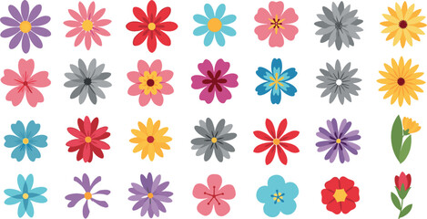 Colorful flower icon set with various flat floral shapes and bright blossoms in vector style for spring decoration, patterns and graphic design © Yevhenii creative