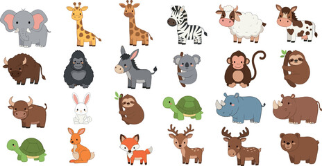 Fototapeta premium Cute animal illustration set with farm and wild animals including elephant, giraffe, zebra and bear in colorful flat vector cartoon style