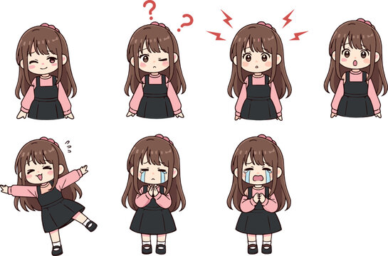 Cute anime girl character set showing emotions and reactions, kawaii facial expressions and poses, adorable cartoon flat vector illustration for stickers and social design