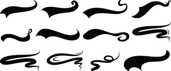 Hand drawn swoosh elements, and swoop underline typography tails shape in flat styles. Set of Swoosh vector. Set of ribbons. Design concept element collection. Vector illustration. 