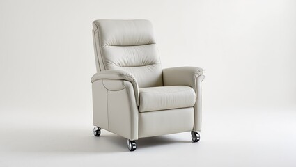 Fototapeta premium Modern beige upholstered recliner armchair with padded cushions and rolling wheels, isolated on a white background, designed for comfort, mobility, and contemporary living or assisted living interiors