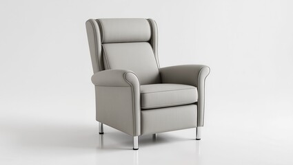 Fototapeta premium Modern beige upholstered recliner armchair with padded cushions and rolling wheels, isolated on a white background, designed for comfort, mobility, and contemporary living or assisted living interiors